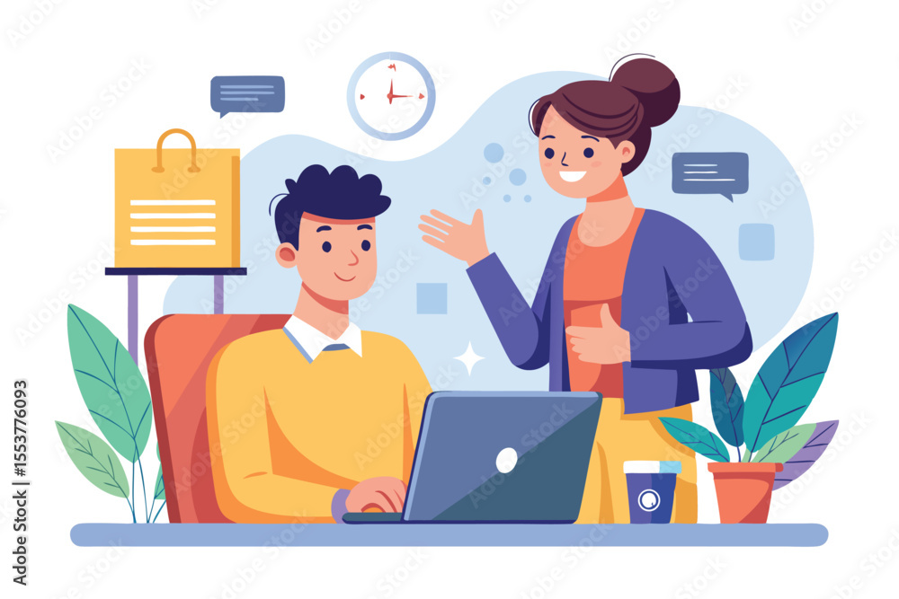 Young man working diligently at his desk while talking with a woman in an inviting office setting during daytime Young man working diligently at his desk while talking with a woman in an inviting office setting during daytime