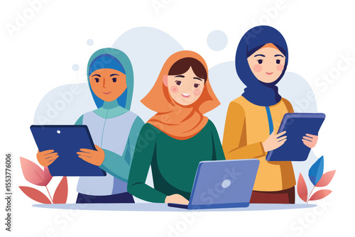 Muslim girls engaged in technology activities, showcasing modern lifestyles and cultural representation with hijabs in a friendly group setting