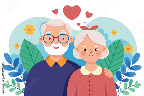 Loving senior spouses share a joyful moment under a bright blue sky surrounded by colorful flowers, celebrating their enduring bond