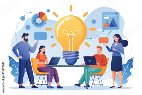 Team collaborates on creative business project presentation showcasing innovative ideas and strategies in a modern office setting