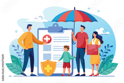 Family engages in health and life insurance discussion while holding documents and an umbrella in a bright and cheerful outdoor setting