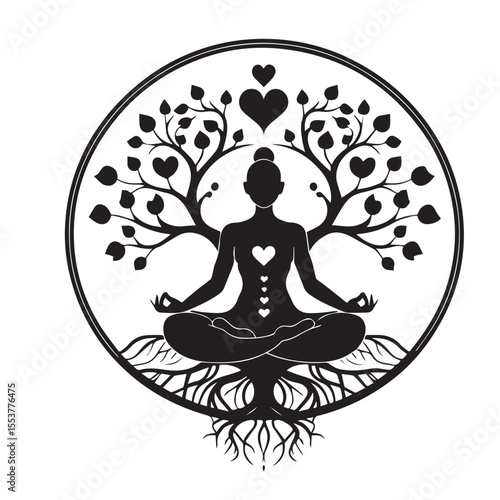 Silhouette of woman meditating in lotus pose with tree of life
