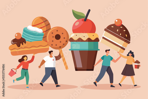 Tiny people joyfully carrying colorful bars of chocolate and treats during a cheerful outdoor festival celebration in a lively setting