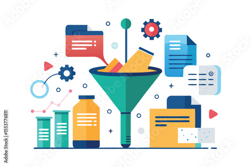 Data gathering and processing concept with funnel design showcasing various elements of analytics, research, and information flow in digital format