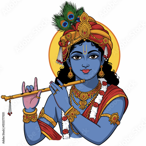 Krishna playing flute, Hindu deity with peacock feather crown and ornate jewelry.  Depiction of Krishna, a significant figure in Hinduism, playing his bansuri.