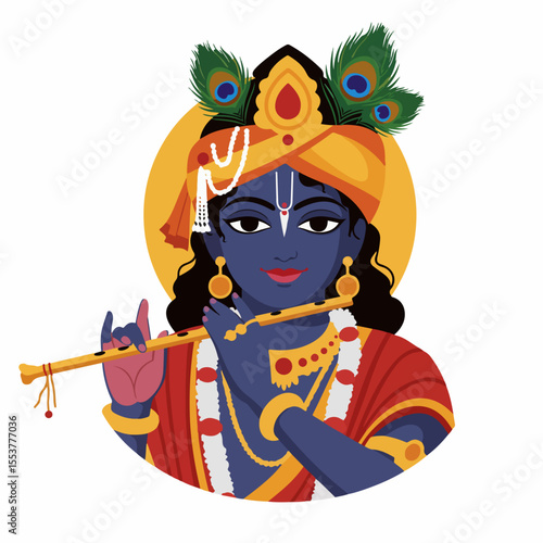 Lord Krishna illustration, Hindu deity playing flute, vibrant colors, detailed attire, peacock feathers, spiritual icon.  Krishna image features intricate jewelry, dark blue skin tone,