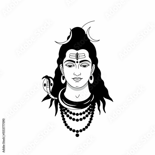 Hindu god shiva portrait black and white illustration. Detailed shiva image shows deity with snake, crescent moon, and beads. This serene shiva illustration is perfect for religious art,