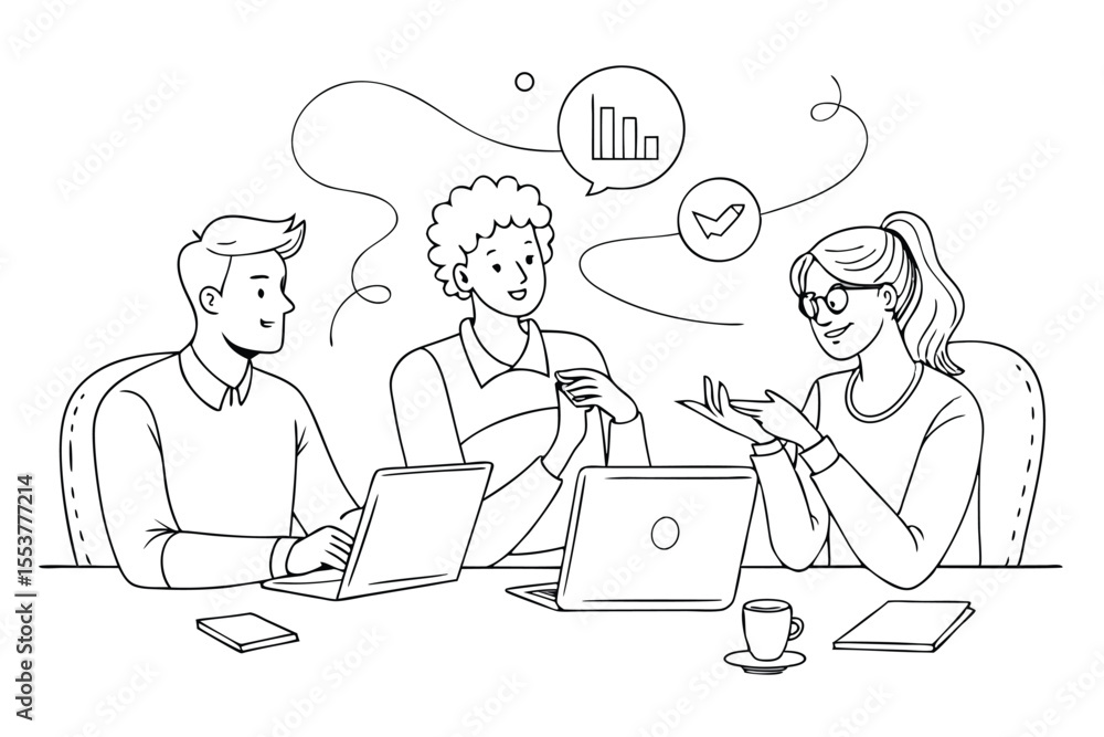 Creative team collaborates on project in a modern office space discussing ideas and strategies while using laptops during a brainstorming session Creative team collaborates on project in a modern office space discussing ideas and strategies while using laptops during a brainstorming session