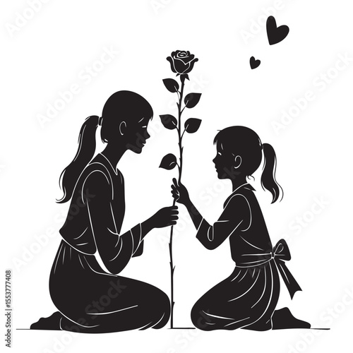 Silhouette of a mother and daughter sharing a rose with love