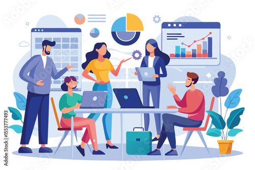 Collaboration and discussion during a business data analysis team meeting in a modern office setting with charts and graphs visible