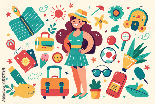 Colorful collection of doodles featuring female characters in vibrant summer attire with travel-themed elements and accessories