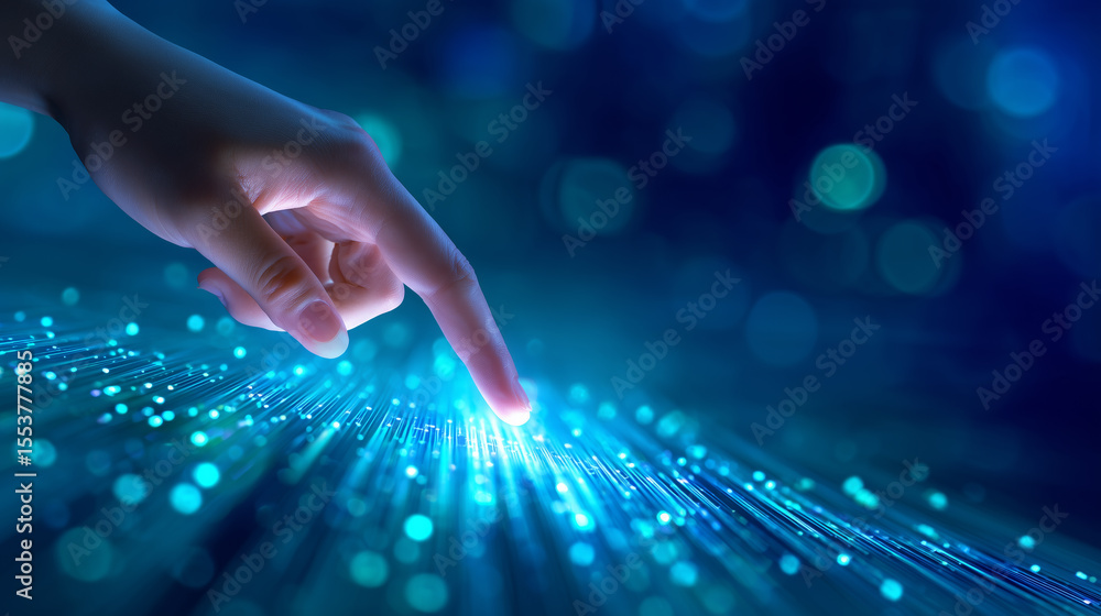 A hand reaches out to touch glowing blue particles, creating a connection in a vibrant digital realm. The ambient light and depth evoke a sense of exploration and innovation A hand reaches out to touch glowing blue particles, creating a connection in a vibrant digital realm. The ambient light and depth evoke a sense of exploration and innovation