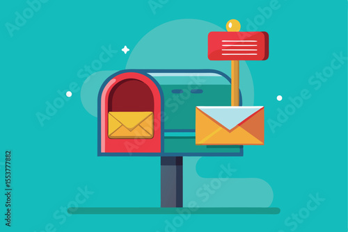 Colorful mailbox located in a digital environment with a letter in an envelope placed inside and a sign for outgoing mail