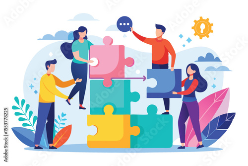 Team members collaborating on a business concept by connecting puzzle pieces in a vibrant and creative workspace environment