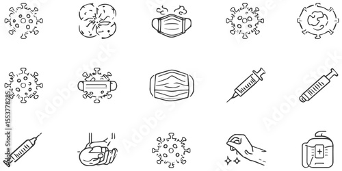 Set of black line icon relared to corona virus with outline pattern abstract background, virus effect make icon of line and symbol modern tecnology seamless pattern of geometric shape icon set design.