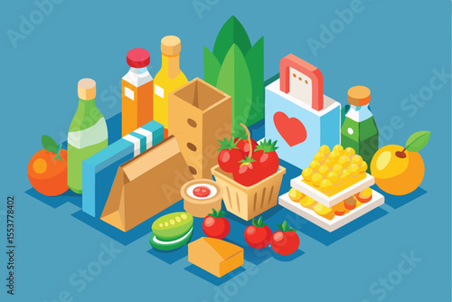 Brightly colored grocery food items in supermarket packages arranged artfully with fresh vegetables and fruits