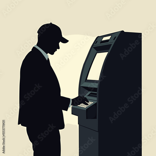 Man using ATM machine while standing in silhouette   
