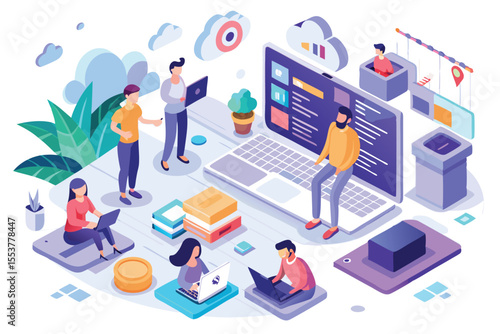 Collaboration of diverse characters engaged in software development and communication in a modern workspace with digital tools and vibrant surroundings