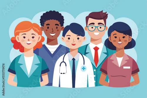 Team of healthcare professionals smiling together in a bright and friendly setting