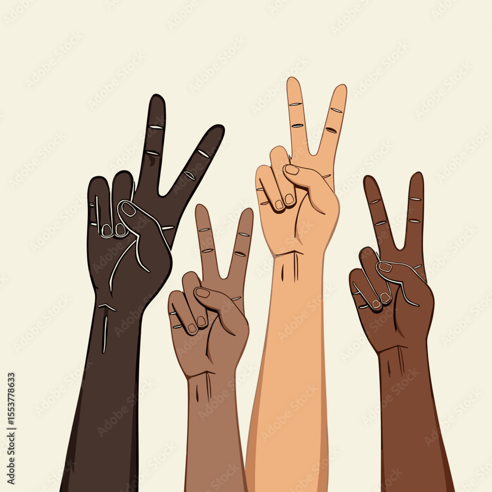 Fototapeta premium Hands raising peace signs with diverse skin tones on neutral background 