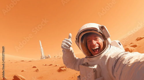 A colonist on Mars smiles and gives a thumbs up after safely lan