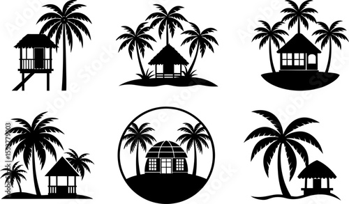Beachfront Cottage and Palm Tree Silhouette Set