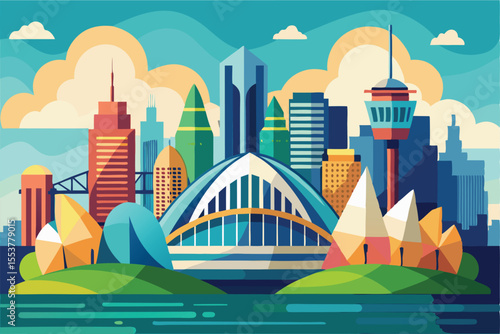 Illustration of Sydney city landmarks showcasing the iconic Opera House and skyline against a vibrant backdrop
