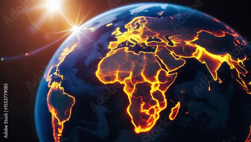  A glowing Earth surrounded by bright orange and yellow lights