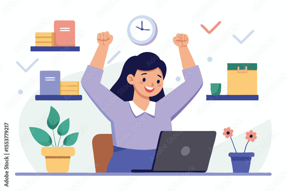 Happy woman celebrates completing a task with enthusiasm in a well-organized workspace during working hours Happy woman celebrates completing a task with enthusiasm in a well-organized workspace during working hours