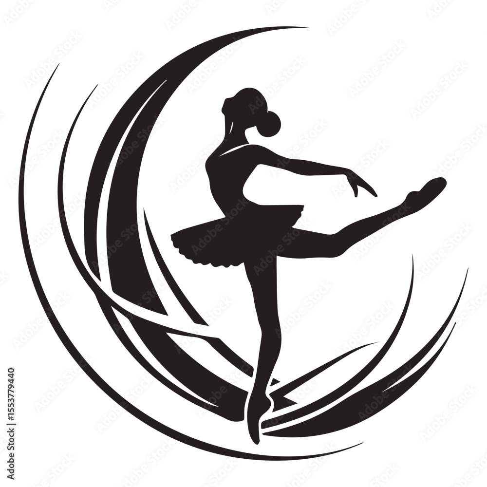 Ballerina silhouette gracefully poses within a crescent moon design Ballerina silhouette gracefully poses within a crescent moon design