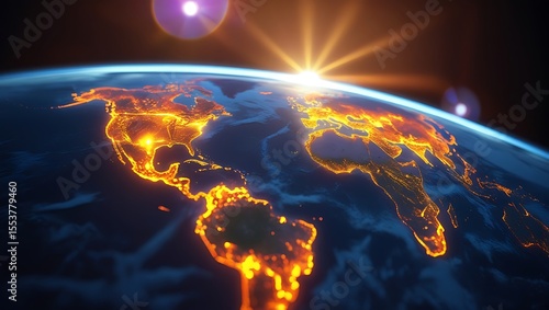  A glowing Earth surrounded by bright orange and yellow lights