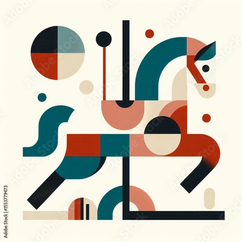 Vibrant abstract geometric illustration of a carousel horse with circular elements on a light background