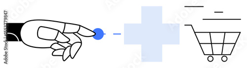 Robotic hand touches blue dot near medical cross and shopping cart, symbolizing tech in healthcare, automation, AI, and online retail. Ideal for innovation, healthcare, tech, automation e-commerce