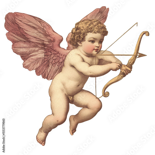 Vintage style cupid or cherub shooting an arrow, charming vintage cupid, ready to shoot an arrow, isolated on transparent background
