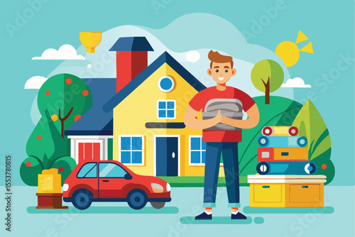 Man carrying heavy boxes with a cheerful expression outside a colorful house on a clear day in a lively neighborhood