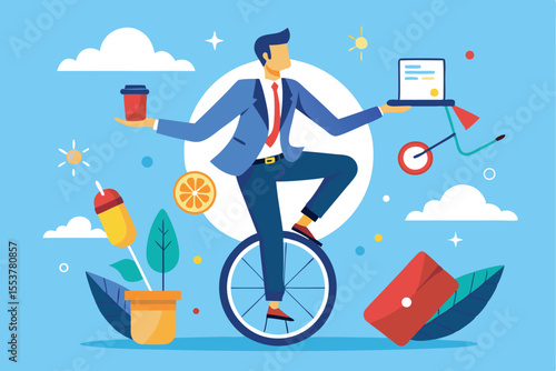 Business man balancing on unicycle while holding a laptop and coffee cup in a colorful and vibrant digital environment illustrating multitasking in modern life