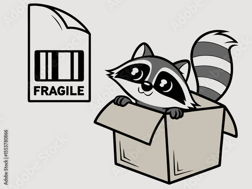 Mischievous Raccoon Looking Out from Box with Parking Permit and Barcode Label Illustration