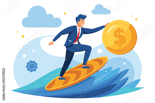 Confident businessman rides on a dollar gold coin while surfing on a wave, showcasing ambition and success in finance