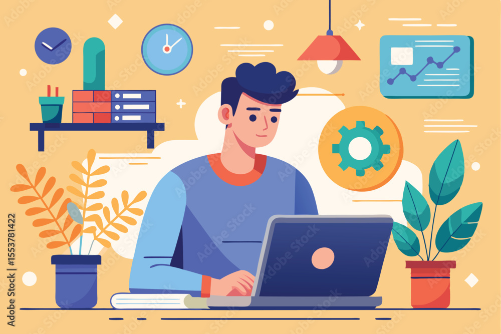 Young man focusing on design concepts while working on laptop in vibrant workspace with plants, clock, and charts in Los Angeles Young man focusing on design concepts while working on laptop in vibrant workspace with plants, clock, and charts in Los Angeles