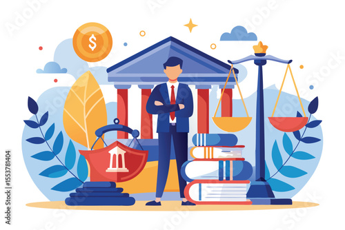 Law and justice concept illustration featuring a figure standing confidently in front of a courthouse and scales of justice surrounded by law books and financial symbols
