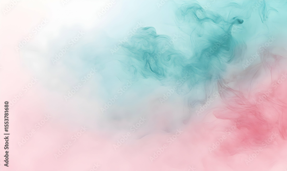 Fototapeta premium Ethereal teal smoke swirls above soft pink hues, creating a drea
