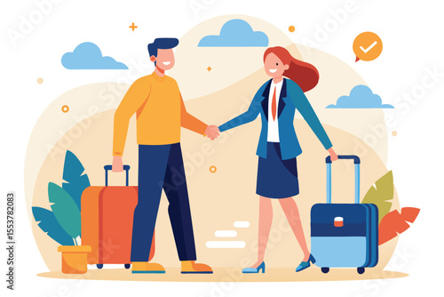 Business partners completing a handshake while holding luggage at a travel destination during a sunny day