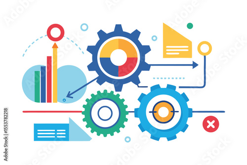 Cogwheels in motion illustrating the working process in an infographic style with data visualization elements and vibrant colors indicating efficiency