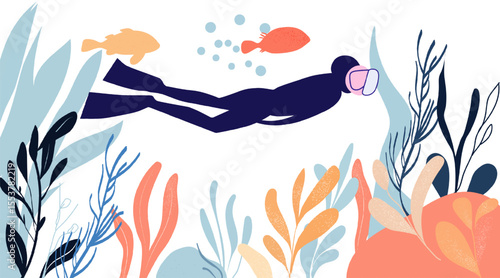 Man in diving mask swimming underwater among coral and fish.