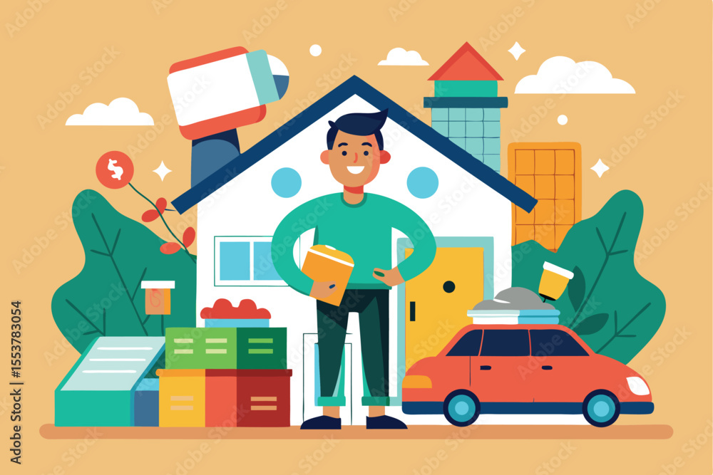 Obraz premium Man carrying heavy package stands outside home surrounded by boxes and a car while various buildings and trees fill the background during daytime in a colorful urban environment