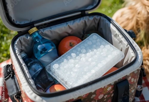 Ice pack placed next to bottled water and fruit in insulated picnic cooler, summer concept, bright daylight.