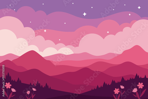 evening  sky turning pink above wildflower covered