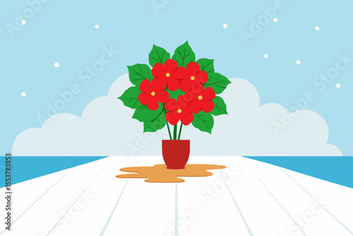 bouquet on snow covered wooden deck