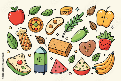 Hand drawn collection of healthy snacks including fruits, cookies, and various plant-based treats ideal for nutrition-conscious food lovers