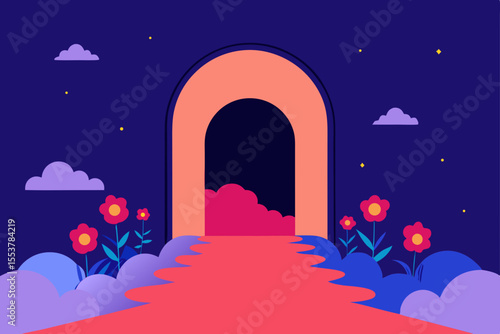 portal through flowerbed into otherworldly sky